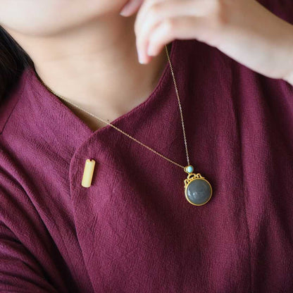 925 Silver Inlaid Hetian Nephrite "Smoky Gray & Thick Matte" Pendant