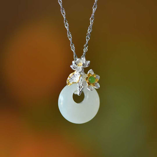 925 Silver Inlaid Hetian Nephrite "June Lotus (Twelve Flower Gods)" Jewelry Set