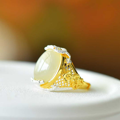 925 Silver Inlaid Hetian Nephrite "Two Dragons Bringing Auspiciousness" Ring