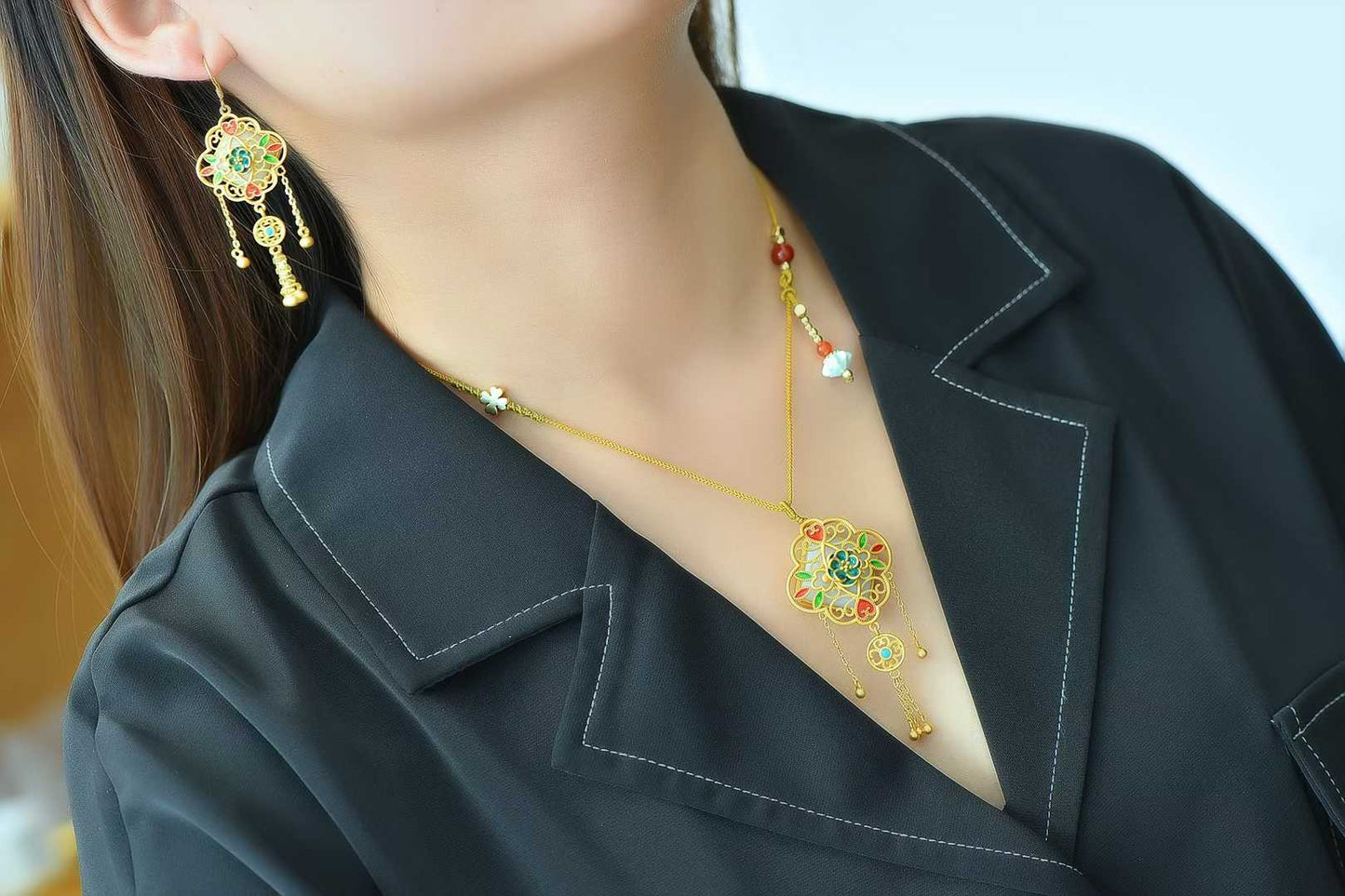 925 Silver Inlaid Hetian Nephrite "Flourishing Blossoms" Jewelry Set