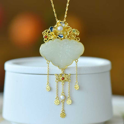 925 Silver Inlaid Hetian Nephrite "Orioles Singing & Butterflies Dancing" Tassel Pendant