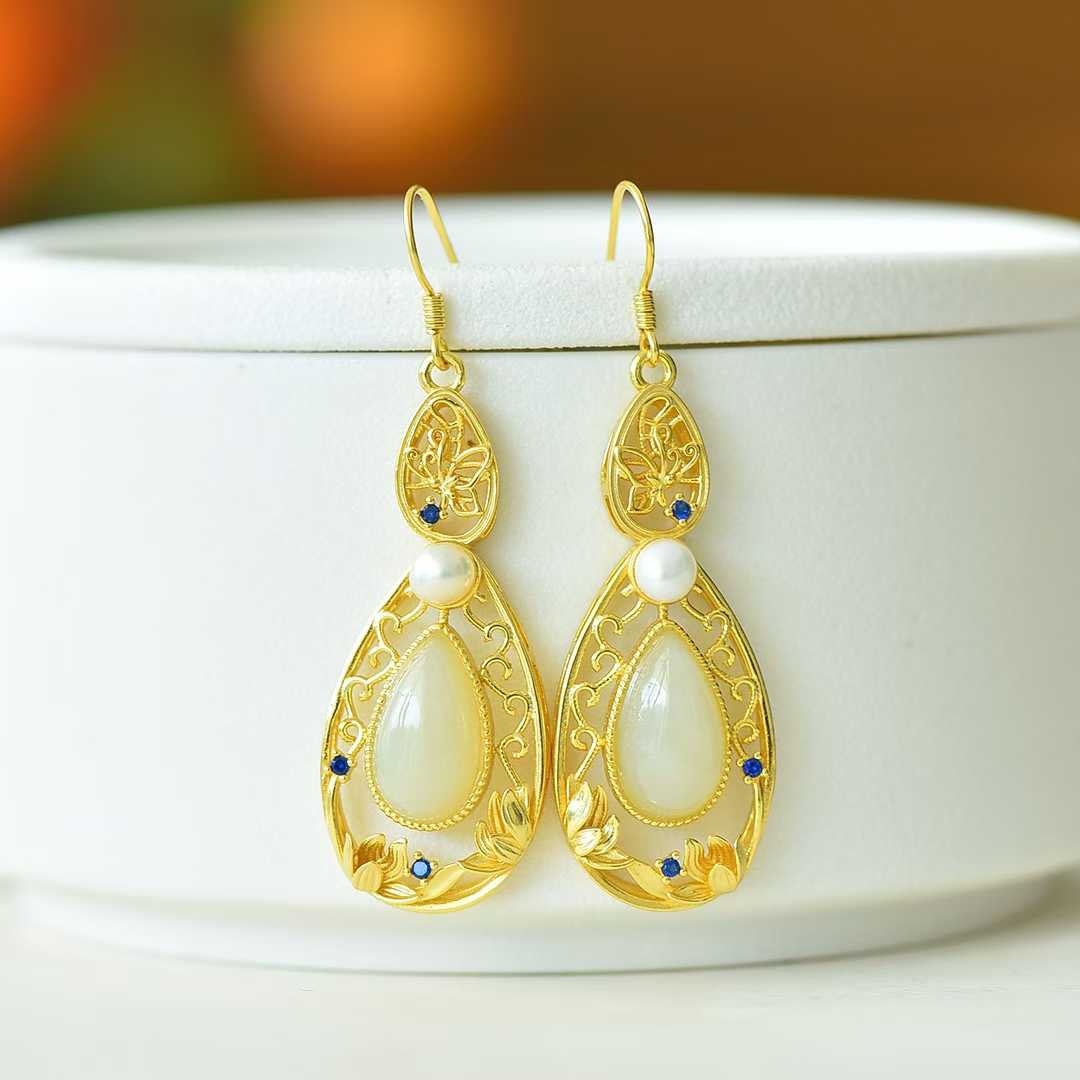 925 Silver Inlaid Nephrite "Lotus of Good Fortune" Teardrop Earrings