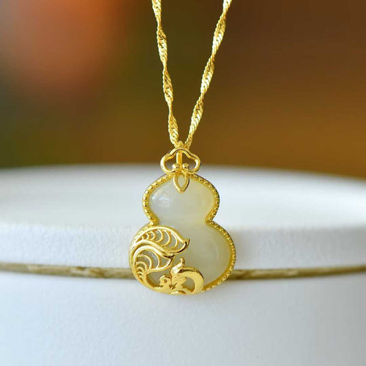 S925 Silver Inlaid Hetian Nephrite "Gourd & Phoenix" Pendant