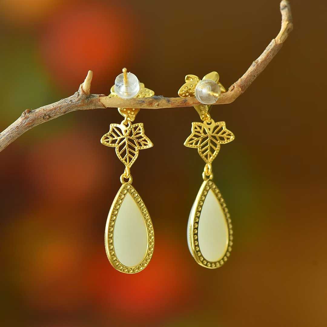 925 Silver Inlaid Nephrite "Golden Branch Jade Leaf" Earrings