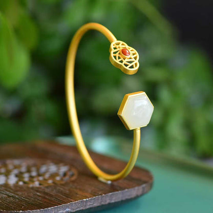 S925 Silver Inlaid Hetian Nephrite "Begonia Flower Window" Bracelet