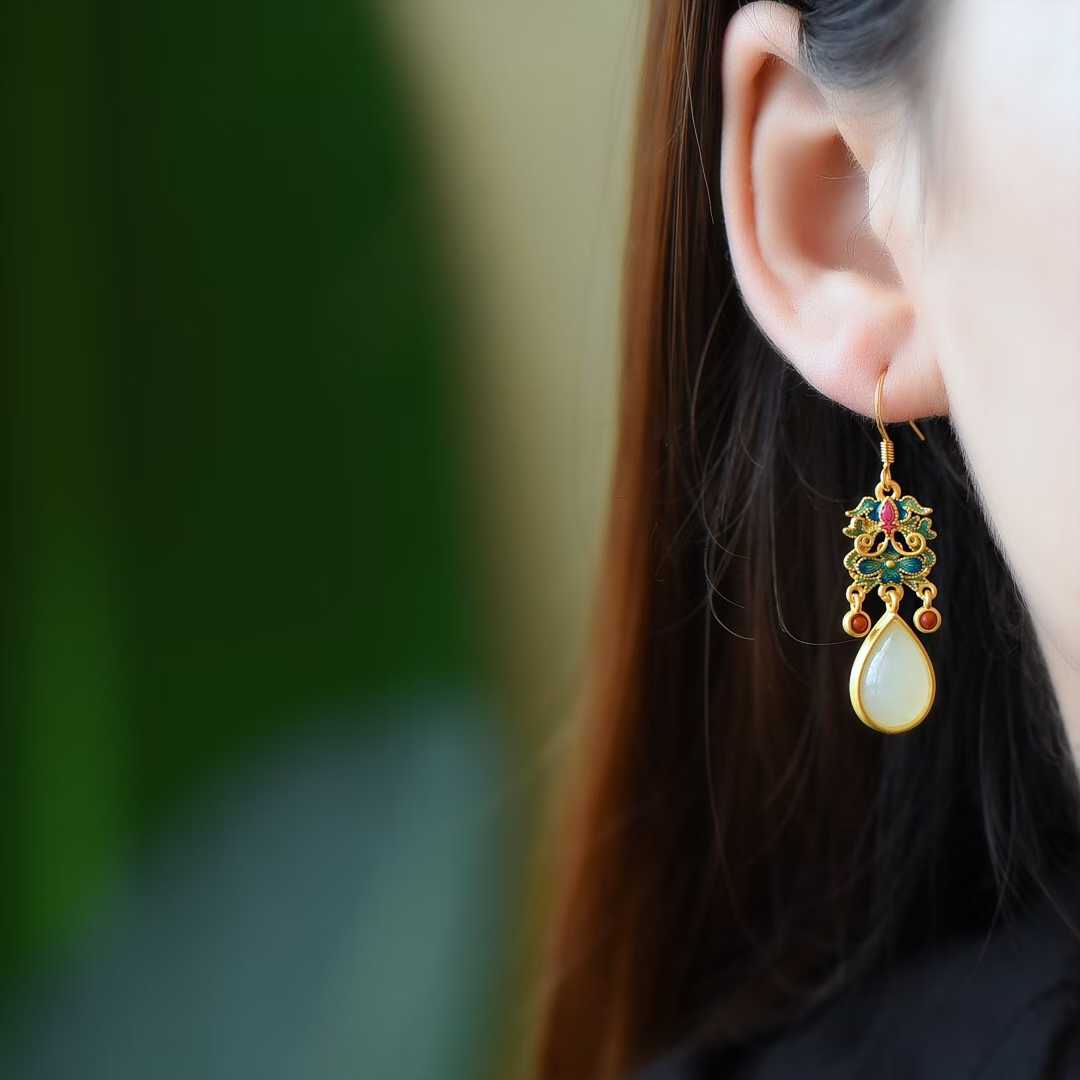 925 Silver Inlaid Hetian Jade Cabochon and Enamel Teardrop Earrings