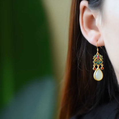925 Silver Inlaid Hetian Jade Cabochon and Enamel Teardrop Earrings