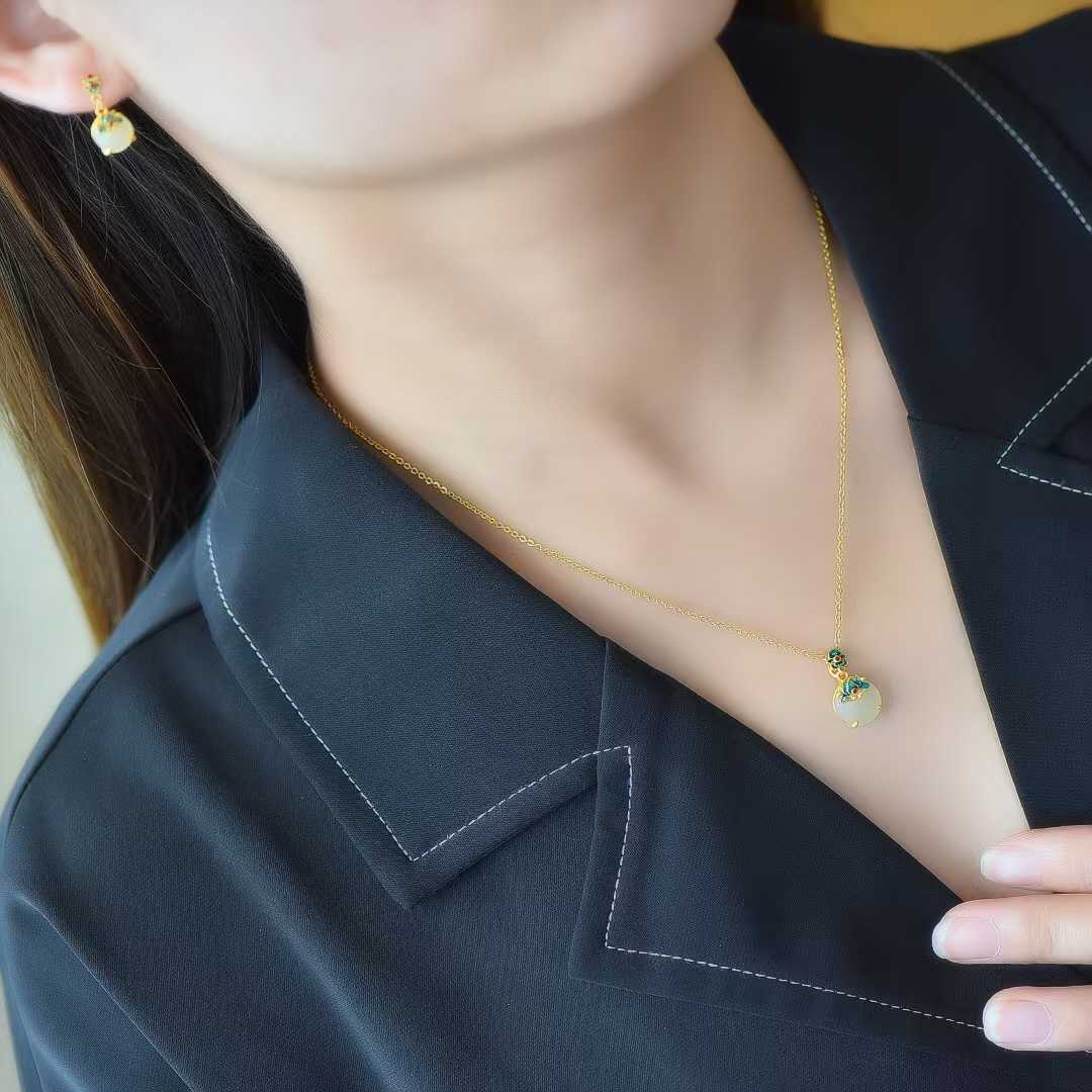 Ancient-Style Silver & Hetian Nephrite Flat Orchid Jewelry Set