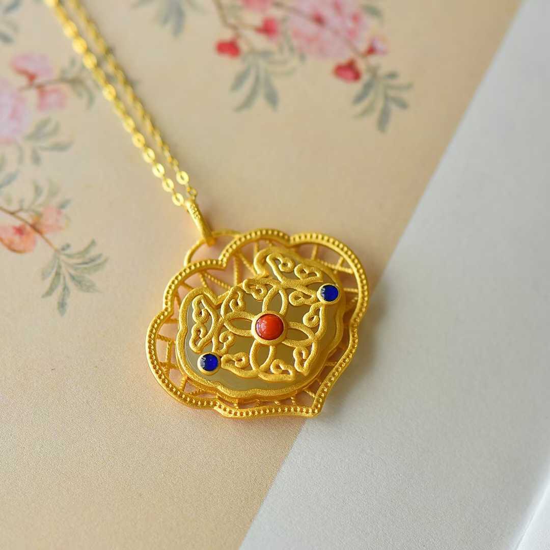 S925 Silver Inlaid Nephrite Double-Sided Lock Pendant