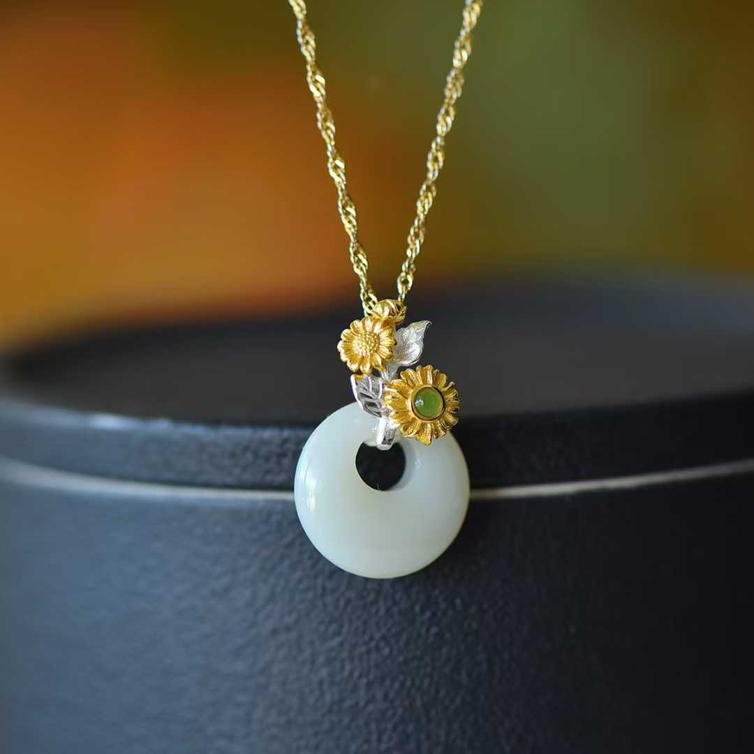 925 Silver Inlaid Hetian Nephrite "July Hollyhock (Twelve Flower Gods)" Jewelry Set