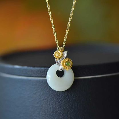 925 Silver Inlaid Hetian Nephrite "July Hollyhock (Twelve Flower Gods)" Jewelry Set