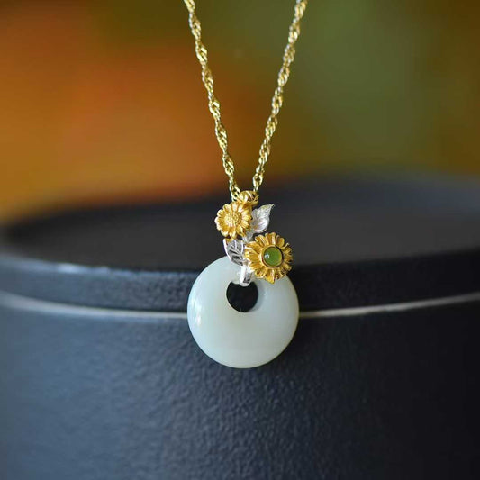 925 Silver Inlaid Hetian Nephrite "July Hollyhock (Twelve Flower Gods)" Jewelry Set