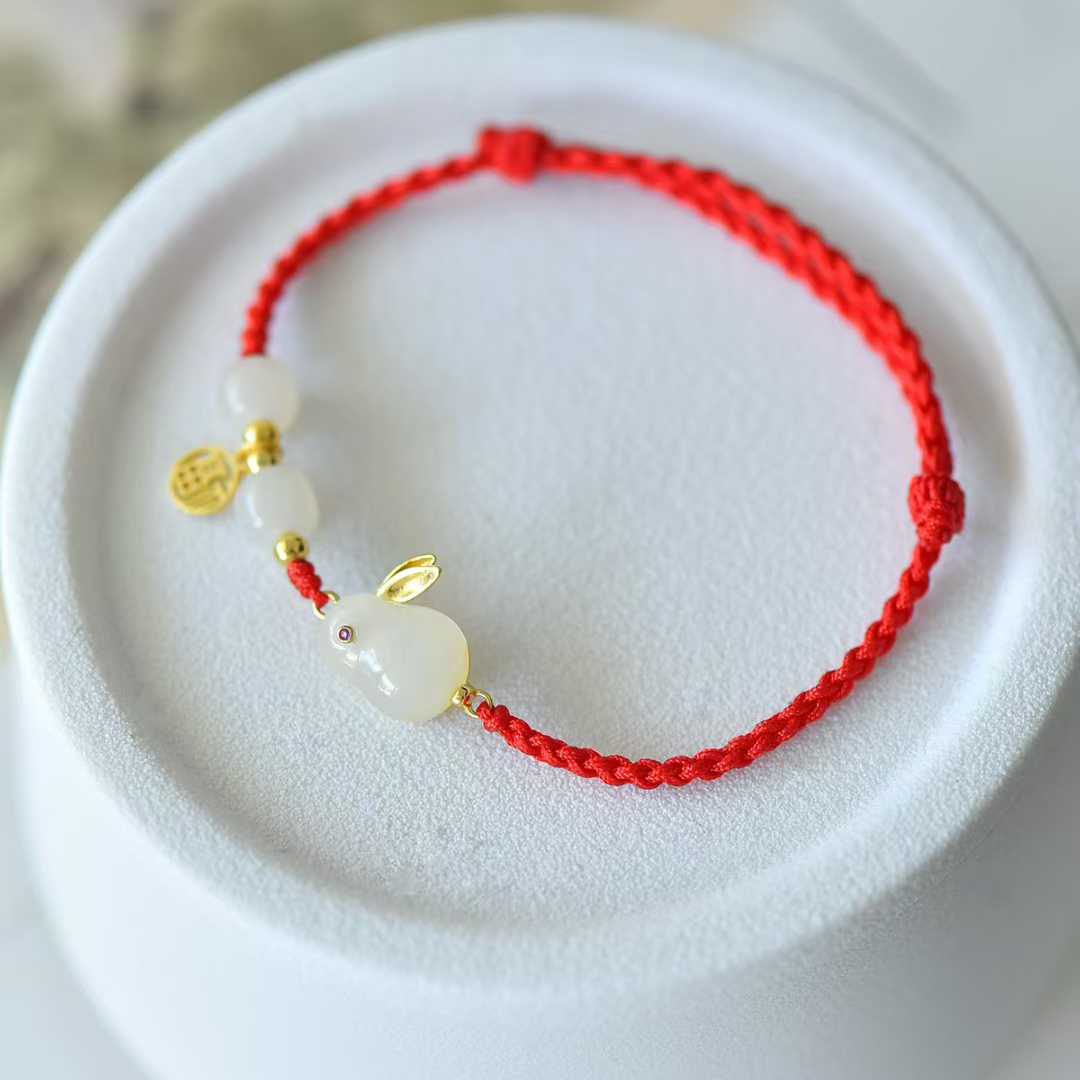 925 Silver Inlaid Hetian Nephrite "Rabbit & Red Cord - Multi-Gem & Multi-Blessings" Jewelry Set