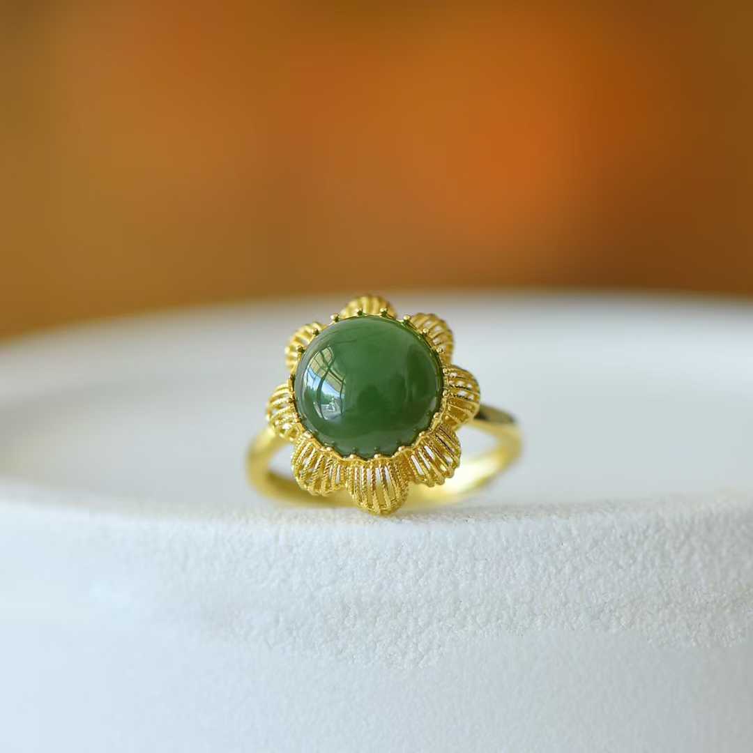 925 Silver Inlaid Hetian Nephrite Cabochon Hollow-Out Ring