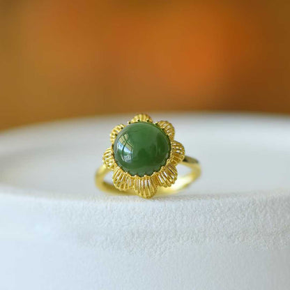 925 Silver Inlaid Hetian Nephrite Cabochon Hollow-Out Ring