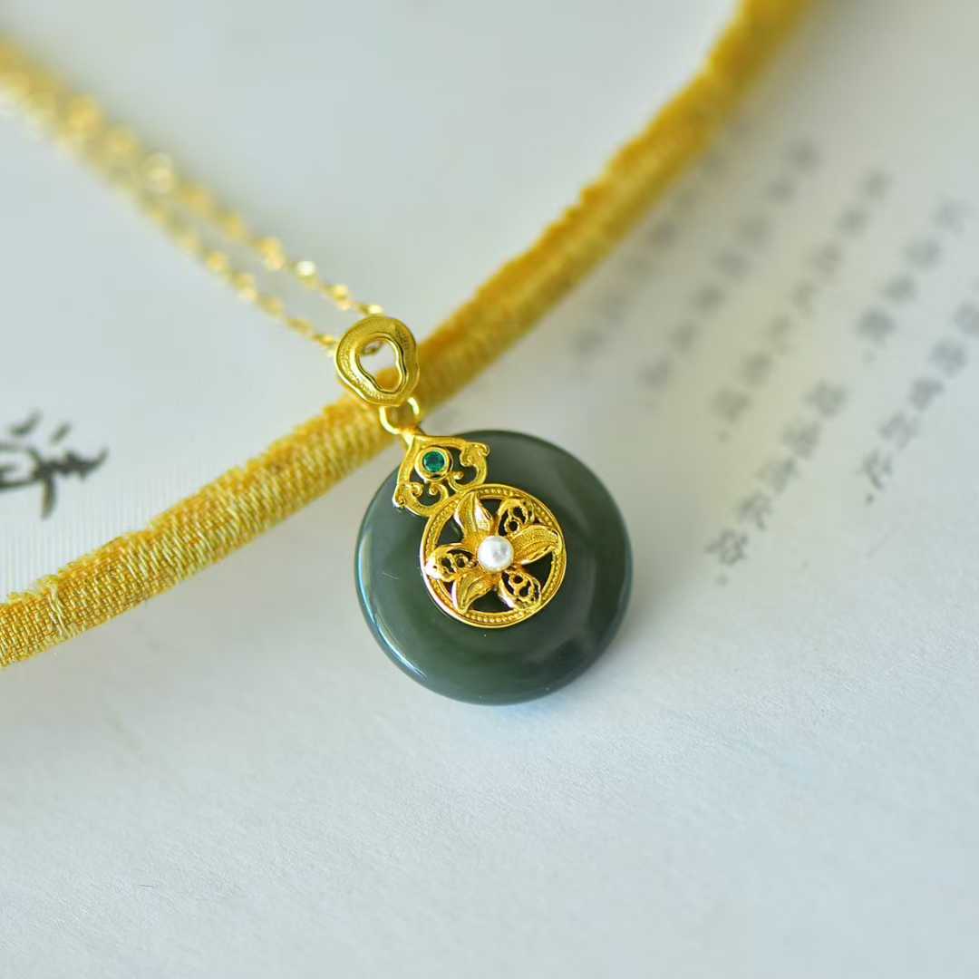 925 Silver Inlaid Hetian Nephrite "Peace Buckle & Lily" Pendant