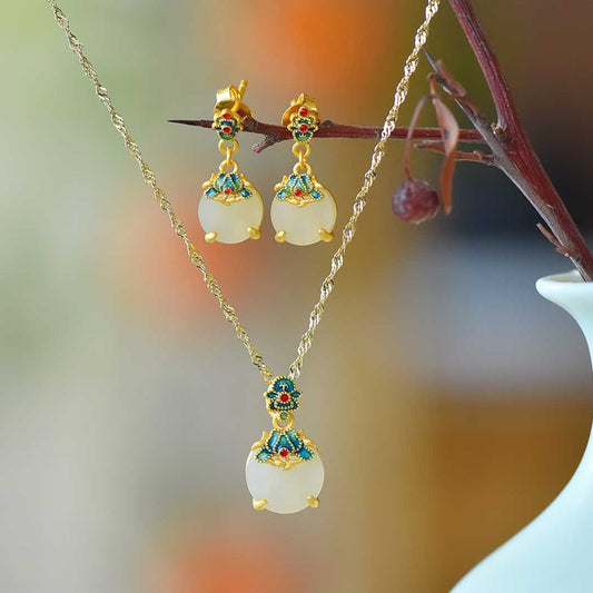 Ancient-Style Silver & Hetian Nephrite Flat Orchid Jewelry Set