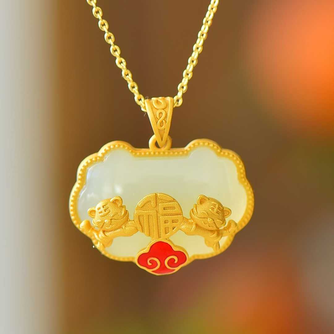 925 Silver Inlaid Nephrite "Ping Ruyi" Cute Tiger Pendant for Attracting Blessings