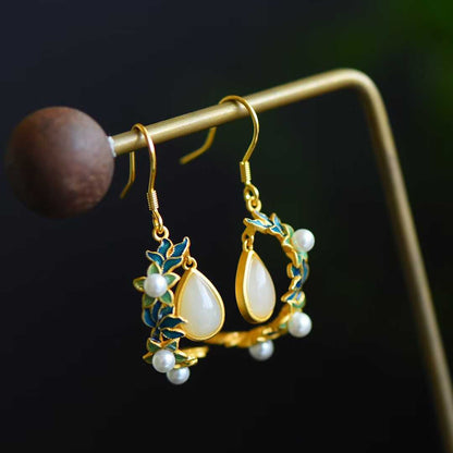 925 Silver Inlaid Nephrite Jewelry Set with Thick Matte Gold
