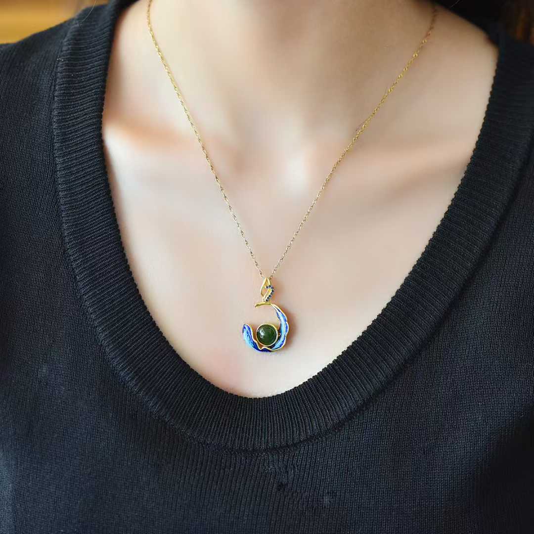 925 Silver Inlaid Hetian Jasper "Phoenix Tail" Pendant