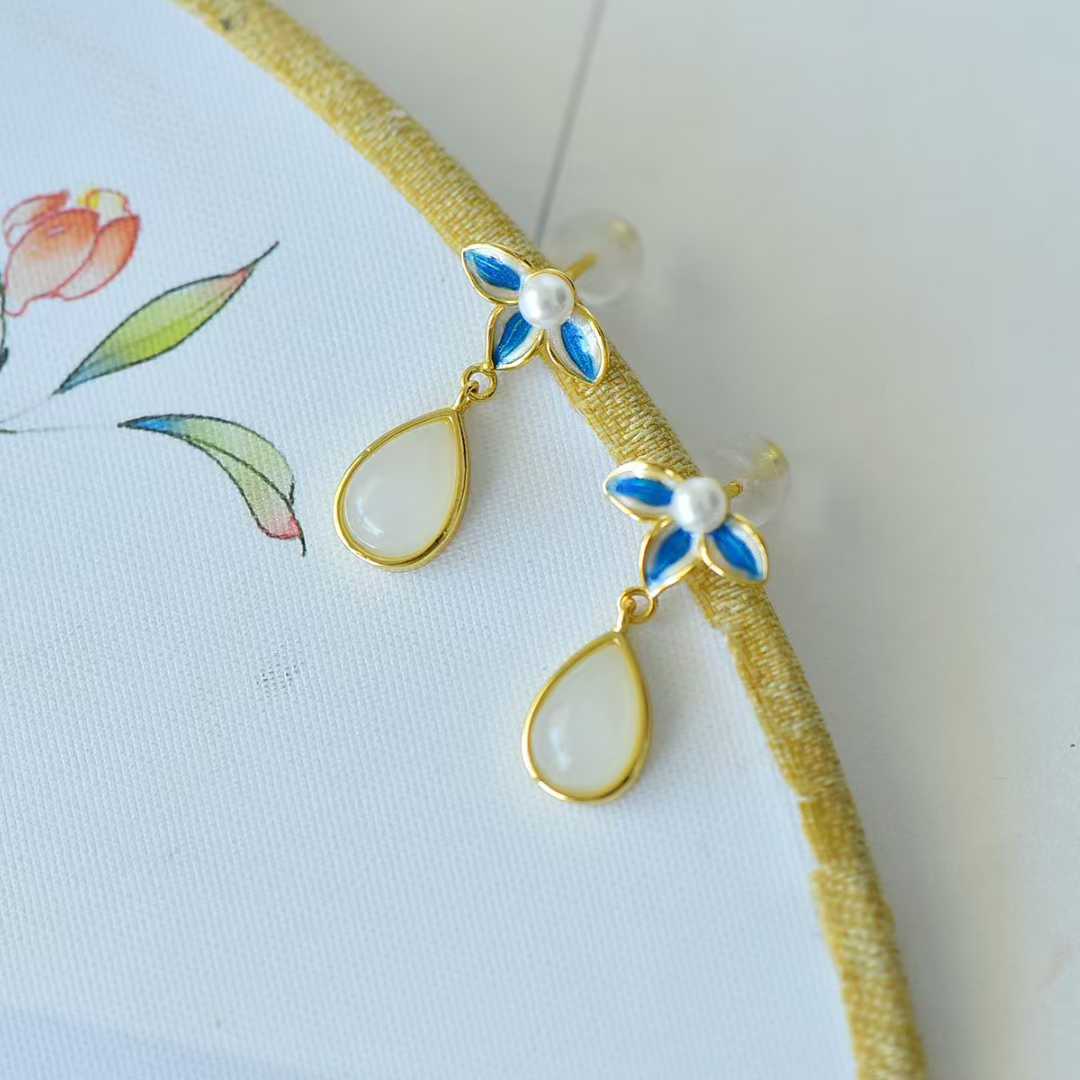 925 Silver Inlaid Hetian Nephrite "Water Drop, Orchid & Enamel" Earrings