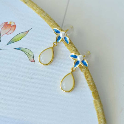 925 Silver Inlaid Hetian Nephrite "Water Drop, Orchid & Enamel" Earrings