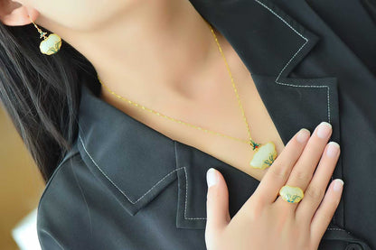 S925 Silver Inlaid Hetian Nephrite "Orchid & Grass Ruyi Lock" Jewelry Set