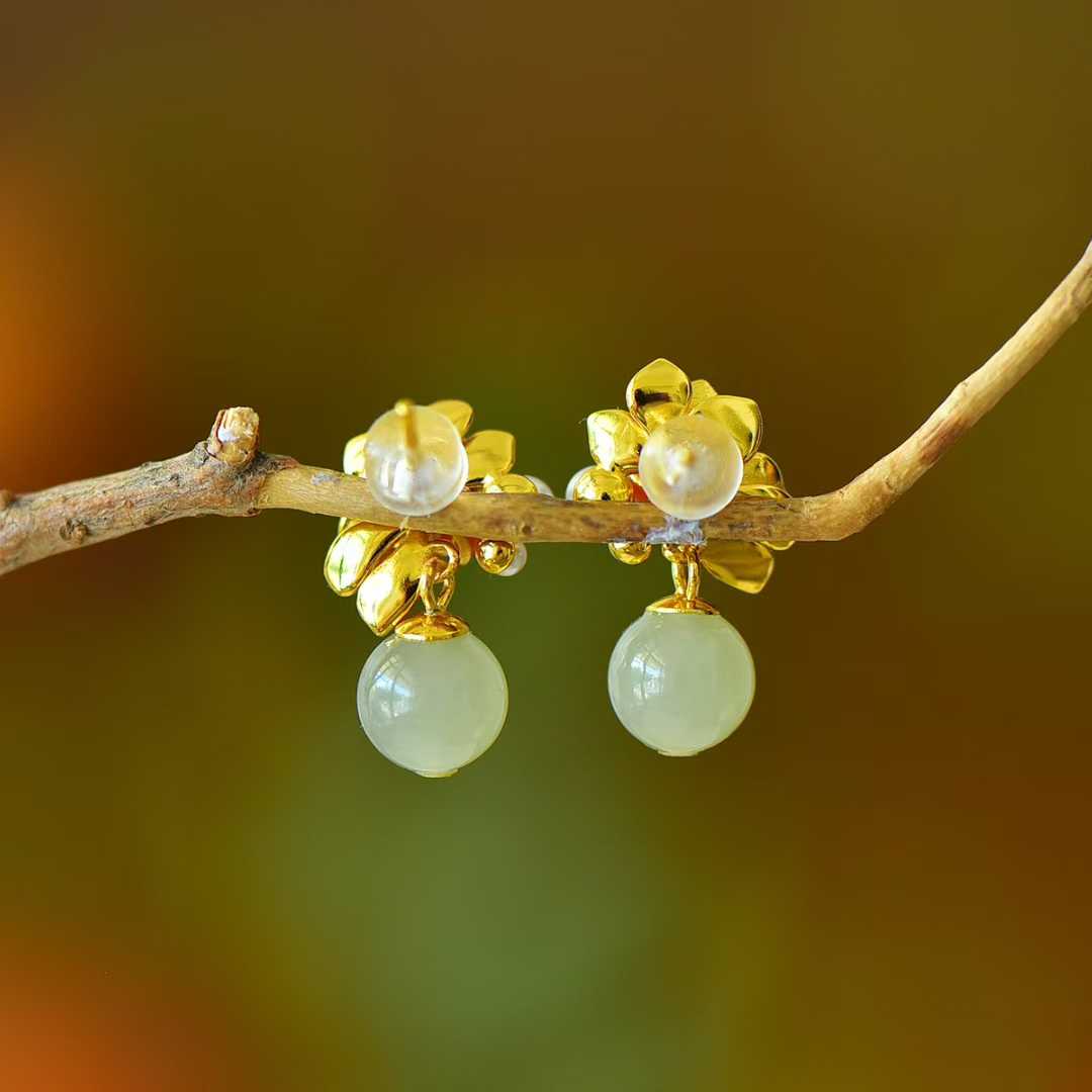 925 Silver Inlaid Hetian Nephrite Lotus Earrings
