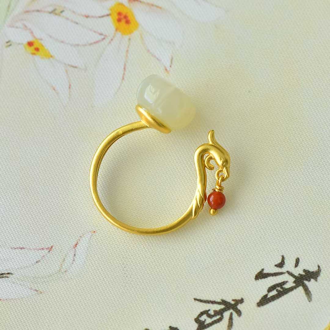 925 Silver Inlaid Hetian White Nephrite "Phoenix Visiting Lotus" Ring with South Red Agate (Plain Silver)