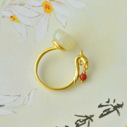 925 Silver Inlaid Hetian White Nephrite "Phoenix Visiting Lotus" Ring with South Red Agate (Plain Silver)