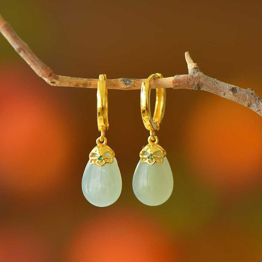 925 Silver Inlaid Qinghai White Nephrite "Golden Breeze & Jade Dew" Teardrop Stud Earrings