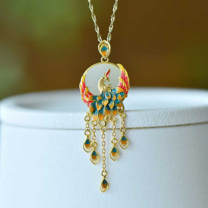 925 Silver Inlaid White Hetian Nephrite "Phoenix Nirvana" Tassel Pendant