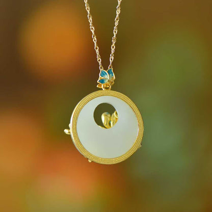 925 Silver Inlaid Hetian Nephrite "Princess Buckle & Butterfly-on-Flower" Pendant