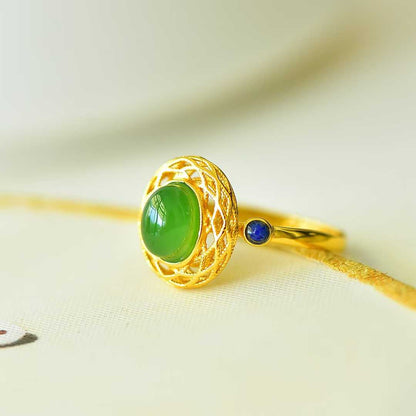 925 Silver Inlaid Hetian Spinach Green Nephrite Filigree-Wrapped Ring