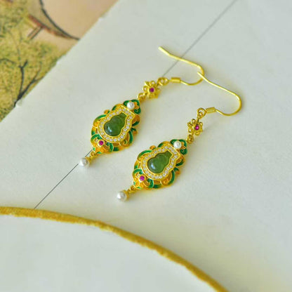 925 Silver Inlaid Hetian Jadeite (Jasper) "Gourd - Blessing & Emoluments" Earrings