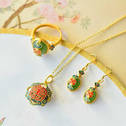 925 Silver Inlaid Hetian Green Nephrite "Contentment & Fulfillment" Jewelry Set