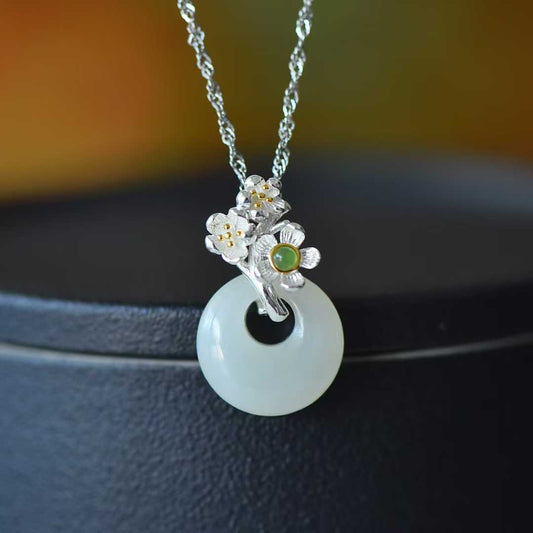 925 Silver Inlaid Hetian Nephrite "January Plum Blossom (Twelve Flower Gods)" Jewelry Set