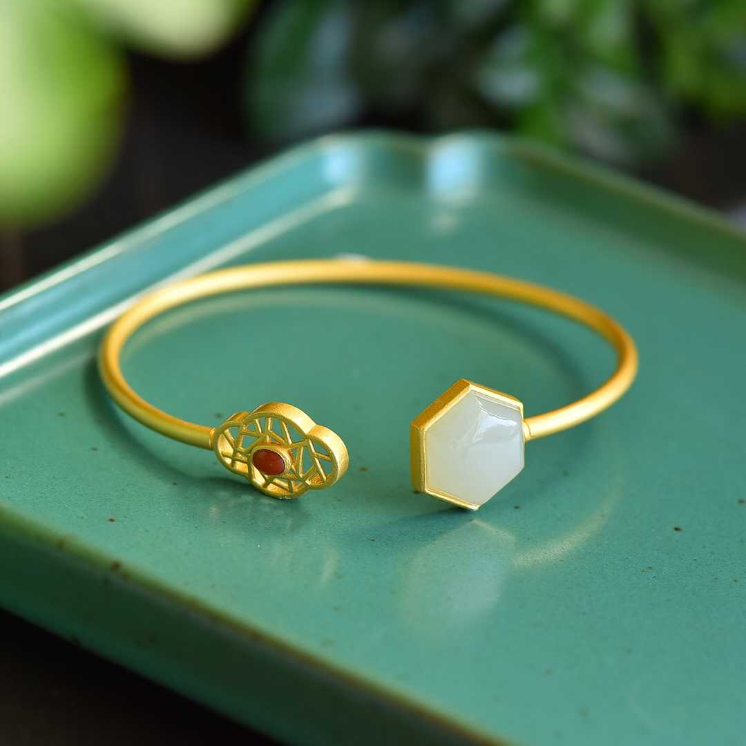 S925 Silver Inlaid Hetian Nephrite "Begonia Flower Window" Bracelet