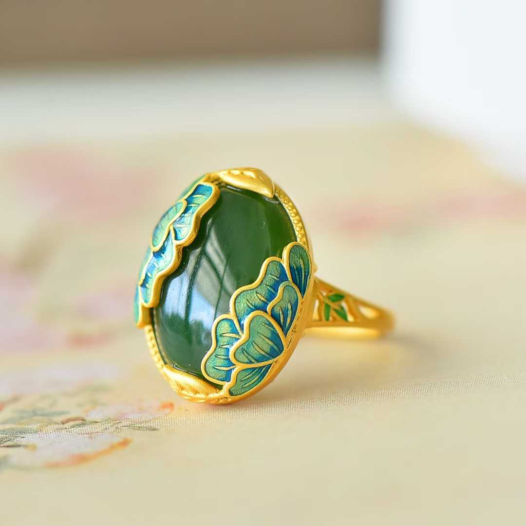 925 Silver Inlaid Hetian Spinach Green Nephrite "Adding Flowers to Brocade" Ring