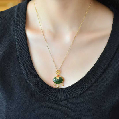 925 Silver Inlaid Hetian Spinach Green Nephrite Ruyi Lock Pendant (with Silver Chain)