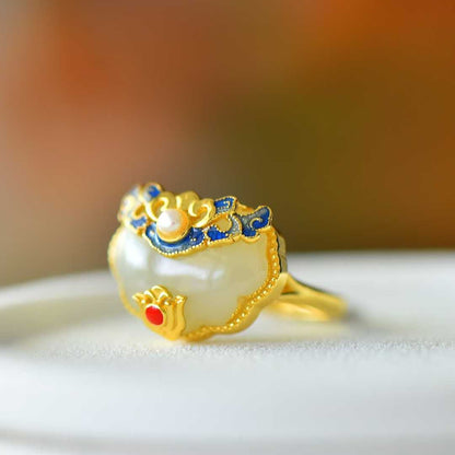 925 Silver Inlaid Blue Enamel & White Hetian Nephrite "Peace & Prosperity" Ring