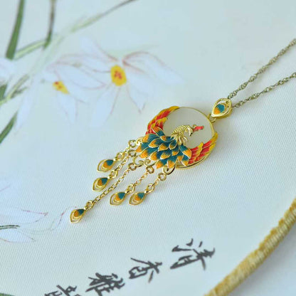 925 Silver Inlaid White Hetian Nephrite "Phoenix Nirvana" Tassel Pendant