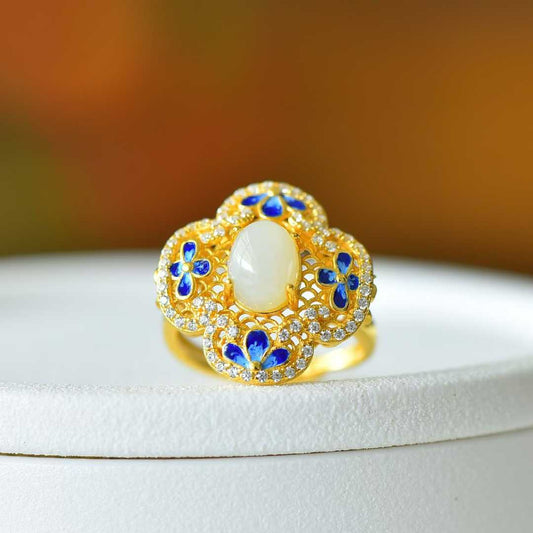 925 Silver-Inlaid Hetian Jade Ring with Filigree, "Ruyi" & Heavy Inlay Design
