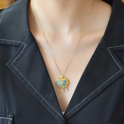 925 Silver Inlaid Hetian Nephrite "Ruyi Lock & Dream Butterfly" Pendant