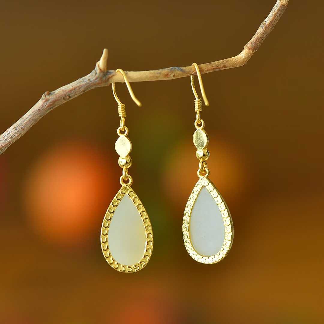 925 Silver Inlaid Nephrite "Falling Feathers" Teardrop Earrings