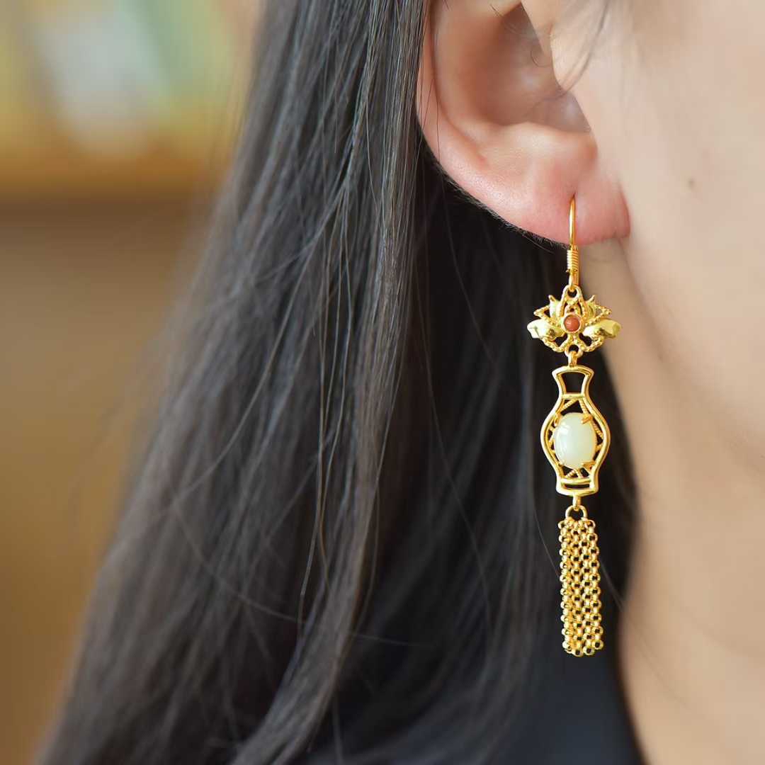 925 Silver Inlaid Nephrite Vase Earrings