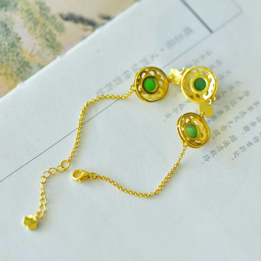 925 Silver Inlaid Hetian Nephrite Round Cabochon Ruyi Bracelet