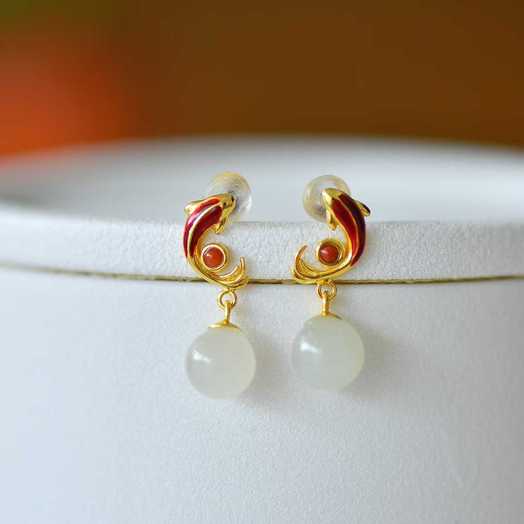 925 Silver Inlaid White Hetian Nephrite "Abundance Every Year" Fish Stud Earrings