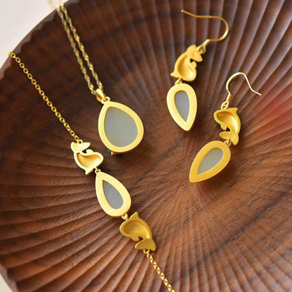 Ancient-Style Silver Inlaid Hetian Nephrite "Lotus & Fish (Year After Year Abundance)" Enamel Set