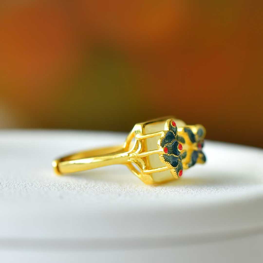 925 Silver Inlaid White Hetian Nephrite "Colorful Butterflies Dancing" Ring